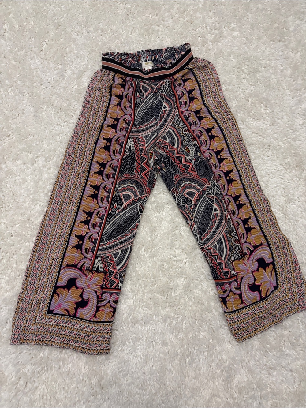 Maeve by Anthropologie Boho Printed Wide-Leg Pants with Coral & Mustard Motifs